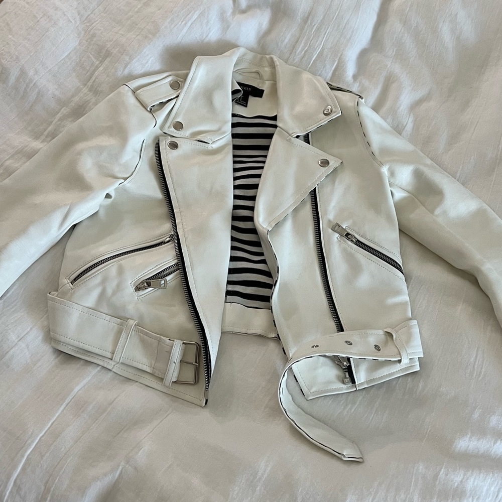 Cream moto faux leather jacket